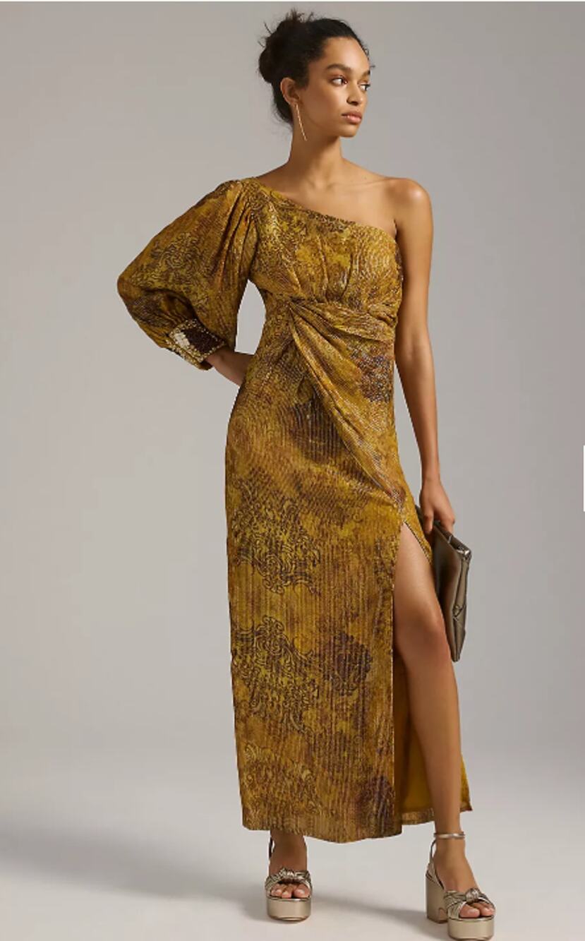 Anthropologie Nirmooha Gold Maxi Dress Womens XXS Sari Inspired Boho Glam Beaded